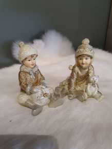 Beeld Set van 2 Kinderen 9 cm Beige Goudkleurig